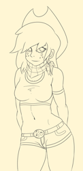 Size: 900x1839 | Tagged: safe, artist:miketheuser, applejack, belly button, humanized, monochrome, solo