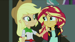 Size: 1280x720 | Tagged: safe, screencap, applejack, sunset shimmer, equestria girls, friendship games