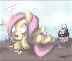 Size: 836x713 | Tagged: safe, artist:velexane, angel bunny, fluttershy, pegasus, pony, beard, lei