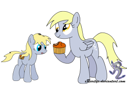 Size: 720x480 | Tagged: safe, artist:king-shoutmon, derpy hooves, oc, oc:lindsay hooves, filly, muffin, offspring, parent:derpy hooves, parent:unnamed oc, parents:canon x oc