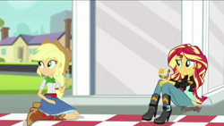 Size: 1280x720 | Tagged: safe, screencap, applejack, sunset shimmer, equestria girls, friendship games, drink, eating, picnic, picnic blanket, sandwich