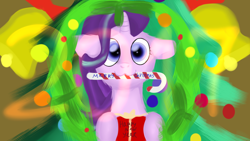 Size: 1280x720 | Tagged: safe, artist:jbond, starlight glimmer, pony, unicorn, 2017, christmas, christmas lights, christmas tree, floppy ears, postcard, present, solo, sugar cane, text, tree