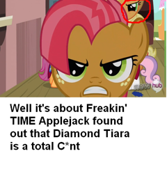 Size: 423x440 | Tagged: safe, edit, edited screencap, screencap, applejack, babs seed, diamond tiara, scootaloo, sweetie belle, earth pony, pony, one bad apple, caption, female, filly, mare, vulgar