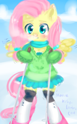 Size: 500x800 | Tagged: safe, artist:marinakirby, fluttershy, pegasus, pony, 30 minute art challenge, bipedal, clothes, skiing, skirt, snow