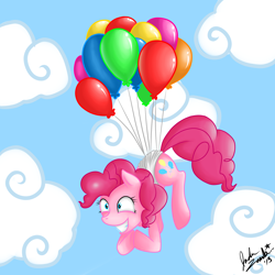 Size: 5000x5000 | Tagged: safe, artist:zombiejadezombie, pinkie pie, earth pony, pony, absurd resolution, balloon, flying, then watch her balloons lift her up to the sky