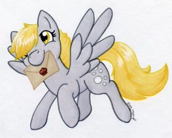 Size: 783x628 | Tagged: safe, artist:jenkiwi, derpy hooves, pegasus, pony, female, letter, mare, mouth hold, solo, traditional art