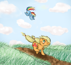 Size: 883x810 | Tagged: safe, artist:chiuuchiuu, derpibooru import, applejack, rainbow dash, earth pony, pegasus, pony, chase, flowing mane, flying, happy, looking back, looking down, looking up, racing, running, windswept mane