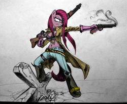 Size: 1024x841 | Tagged: safe, artist:discommunicator, artist:falord, pinkie pie, anthro, unguligrade anthro, action pose, colored, crossover, gun, hoof boots, lost saga, pinkamena diane pie, pistol, revolver, rifle, weapon