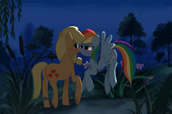 Size: 1024x680 | Tagged: safe, artist:misspolycysticovary, derpibooru import, applejack, rainbow dash, earth pony, pegasus, pony, appledash, bedroom eyes, blushing, boop, dark, female, lesbian, night, noseboop, shipping