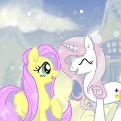 Size: 650x650 | Tagged: safe, artist:abra-kadabra, fleur-de-lis, fluttershy, pegasus, pony, cute, eyes closed, raised hoof, smiling, snow, snowfall