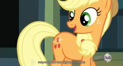 Size: 637x347 | Tagged: safe, screencap, applejack, earth pony, pony, one bad apple, female, mare, youtube caption