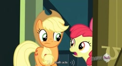 Size: 637x346 | Tagged: safe, screencap, apple bloom, applejack, earth pony, pony, one bad apple, math, youtube caption