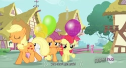 Size: 638x347 | Tagged: safe, edited screencap, screencap, apple bloom, applejack, scootaloo, sweetie belle, earth pony, pony, one bad apple, caption, youtube caption