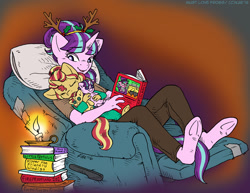 Size: 1200x925 | Tagged: safe, artist:kaemantis, snowfall frost, starlight glimmer, sunset shimmer, anthro, unguligrade anthro, unicorn, adoption, book, candle, clothes, cute, duo, eyes closed, female, mare, open mouth, pillow, plushie, recliner, reindeer antlers, shimmerbetes, sleeping, younger