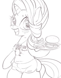Size: 625x800 | Tagged: safe, artist:k-nattoh, starlight glimmer, anthro, semi-anthro, breasts, female, food, hooters, monochrome, solo