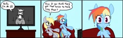 Size: 1280x399 | Tagged: safe, artist:nessvii, derpibooru import, derpy hooves, rainbow dash, pegasus, pony, semi-anthro, aside glance, breaking the fourth wall, comic, dialogue, flatscreen, looking at you, mister ed, sideways glance, sofa, television