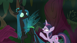 Size: 1280x720 | Tagged: safe, screencap, mean twilight sparkle, queen chrysalis, alicorn, changeling, changeling queen, the mean 6, clone, disrespectful, everfree forest, female