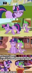 Size: 570x1280 | Tagged: safe, derpibooru import, spike, twilight sparkle, dragon, constipated, denial, letter