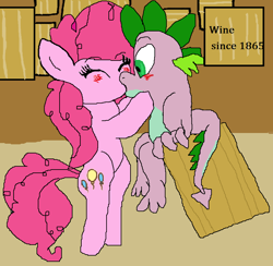 Size: 820x800 | Tagged: safe, artist:cottoncloudyfilly, pinkie pie, spike, dragon, earth pony, pony, 1000 hours in ms paint, blushing, female, interspecies, kissing, male, pinkiespike, shipping, straight