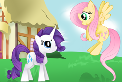 Size: 1024x690 | Tagged: safe, artist:urdeh, fluttershy, rarity, pegasus, pony, unicorn, female, mare, pink mane, purple mane, white coat, yellow coat