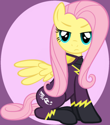 Size: 906x1032 | Tagged: safe, fluttershy, pegasus, pony, clothes, costume, female, goggles, shadowbolts, shadowbolts costume, simple background, solo, unmasked