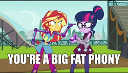 Size: 2048x1163 | Tagged: safe, edit, edited screencap, screencap, sci-twi, sunset shimmer, twilight sparkle, equestria girls, friendship games, angry, duo, family guy, magic capture device, meme, pointing, special eyes