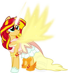 Size: 990x1062 | Tagged: safe, artist:tambelon, sunset shimmer, equestria girls, friendship games, artificial wings, augmented, clothes, daydream shimmer, dress, equestria girls ponified, glowing horn, magic, magic wings, ponified, smiling, solo, spread wings, watermark, wings