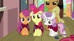 Size: 576x324 | Tagged: safe, screencap, apple bloom, applejack, babs seed, scootaloo, sweetie belle, earth pony, pony, one bad apple, animated, cutie mark crusaders
