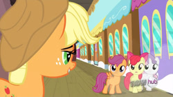 Size: 1269x716 | Tagged: safe, screencap, apple bloom, applejack, scootaloo, sweetie belle, earth pony, pony, one bad apple, cutie mark crusaders, lidded eyes, out of context, train