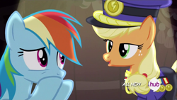 Size: 1920x1080 | Tagged: safe, derpibooru import, screencap, applejack, rainbow dash, earth pony, pegasus, pony, testing testing 1-2-3, all new, hub logo, lidded eyes, out of context