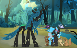 Size: 4440x2761 | Tagged: safe, artist:velveagicsentryyt, queen chrysalis, oc, oc:chrystallis, bird, changeling, changeling queen, changepony, rabbit, squirrel, base used, female, flower, flower in hair, mother and child, mother and daughter, offspring, parent and child, parent:queen chrysalis