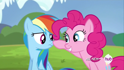 Size: 1920x1080 | Tagged: safe, derpibooru import, screencap, pinkie pie, rainbow dash, earth pony, pegasus, pony, testing testing 1-2-3, boop, frown, grin, hub logo, nose wrinkle, smiling