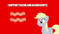 Size: 1280x736 | Tagged: artist needed, safe, derpy hooves, pegasus, pony, bacon, derp, equal rights, female, hilarious in hindsight, mare, red, support