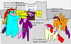 Size: 1834x1130 | Tagged: safe, artist:jacobfoolson, derpibooru import, cheerilee, rainbow dash, scootaloo, twist, pegasus, pony, 1000 hours in ms paint, abuse, cheeribuse, stylistic suck, violence