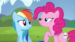 Size: 1920x1080 | Tagged: safe, derpibooru import, screencap, pinkie pie, rainbow dash, earth pony, pegasus, pony, testing testing 1-2-3, all new, hub logo, lidded eyes, out of context