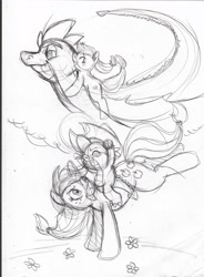 Size: 2432x3304 | Tagged: safe, artist:enigmaticfrustration, applejack, spike, dragon, earth pony, pony, applespike, female, imagination, male, older, riding, shipping, straight, traditional art