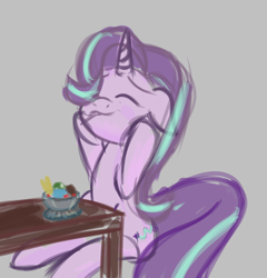 Size: 804x838 | Tagged: artist needed, safe, starlight glimmer, pony, unicorn, bowl, cute, eyes closed, female, floppy ears, food, glimmerbetes, gray background, ice cream, mare, simple background, sitting, sketch, smiling, solo, spoon, table