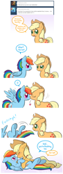 Size: 889x2430 | Tagged: safe, artist:spiralshockwave, derpibooru import, applejack, rainbow dash, earth pony, pegasus, pony, appledash, ask, ask appledash!, blushing, cute, female, hug, kissing, lesbian, on back, shipping, tumblr, wingboner