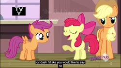 Size: 1920x1080 | Tagged: safe, screencap, apple bloom, applejack, scootaloo, earth pony, pony, one bad apple, youtube caption