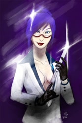 Size: 600x900 | Tagged: safe, artist:scorpiordinance, rarity, cleavage, female, glasses, gun, humanized, pistol, suppressor, trigger discipline