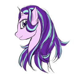 Size: 846x846 | Tagged: safe, artist:cloudylightning, starlight glimmer, pony, unicorn, bust, female, looking at you, looking back, mare, portrait, simple background, smiling, solo, white background