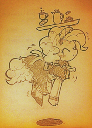 Size: 550x766 | Tagged: safe, artist:canis, pinkie pie, earth pony, pony, clothes, happy, jumping, maid, monochrome, pixiv, plate, solo, teacup