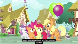 Size: 1920x1080 | Tagged: safe, edited screencap, screencap, apple bloom, applejack, scootaloo, sweetie belle, earth pony, pony, one bad apple, balloon, caption, youtube caption