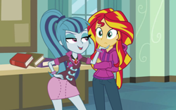 Size: 1680x1050 | Tagged: safe, artist:fred2266, edit, sonata dusk, sunset shimmer, equestria girls, female, lesbian, shipping, sunata