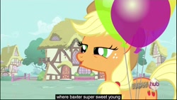 Size: 1920x1080 | Tagged: safe, screencap, applejack, earth pony, pony, one bad apple, balloon, youtube caption