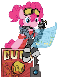 Size: 1244x1656 | Tagged: safe, artist:dontaskforcookie, cranky doodle donkey, pinkie pie, donkey, earth pony, pony, amputee, borderlands, borderlands 2, crossover, gaige, goggles, mechromancer, simple background, transparent background