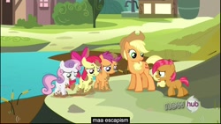 Size: 1920x1080 | Tagged: safe, edited screencap, screencap, apple bloom, applejack, babs seed, scootaloo, sweetie belle, earth pony, pony, one bad apple, caption, cutie mark crusaders, dirty, hub logo, youtube caption