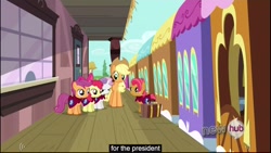 Size: 1920x1080 | Tagged: safe, edited screencap, screencap, apple bloom, applejack, babs seed, sweetie belle, earth pony, pony, one bad apple, caption, youtube caption