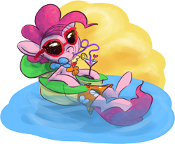 Size: 905x742 | Tagged: safe, artist:ponygoggles, pinkie pie, earth pony, pony, clothes, crazy straw, drink, floaty, shorts, solo, straw, sunglasses, swimming pool, water