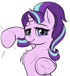 Size: 500x539 | Tagged: safe, artist:duop-qoub, artist:jericoanon, starlight glimmer, pony, unicorn, /mlp/, 4chan, bust, chest fluff, cute, ear fluff, fluffy, frog (hoof), lidded eyes, looking at you, ponified, punch, simple background, smiling, solo, this will end in pain, transparent background, underhoof